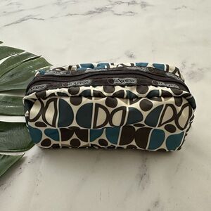 Le Sportsac Small Makeup Case Bag Blue Brown Retro Geometric Print Pouch